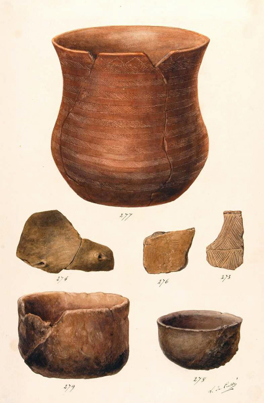 Planche aquarellée d'objets du Néolithique