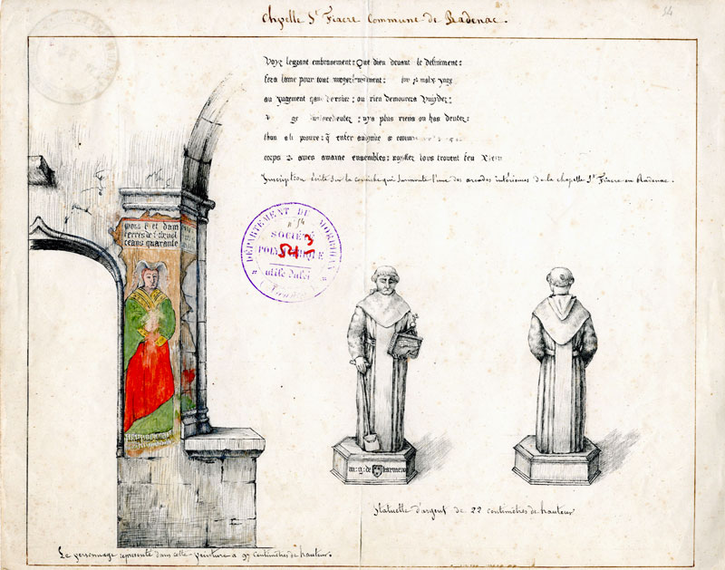 Chapelle Saint-Fiacre, dessins aquarellés d'une fresque, d'une inscription et d'une statuette d’argent, par Ernest de Bréhier.