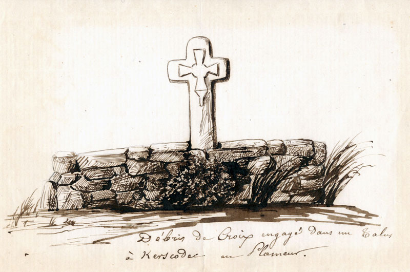 Débris de croix engagé dans un talus à Kerscodec en Ploemeur, dessin au crayon signé Alfred Fouquet.