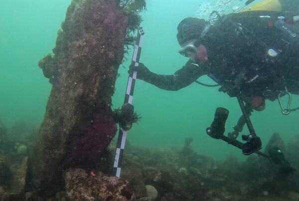 Plongeur près d'une structure submergée du 6e millénaire avant notre ère au large de l'Ile de Sein